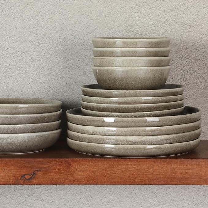 Gibson Elite Berea 16 Piece (Service for 4) Plates and Bowls Reactive Glaze Round Dishes Stoneware Ceramic Dinnerware Set -Taupe