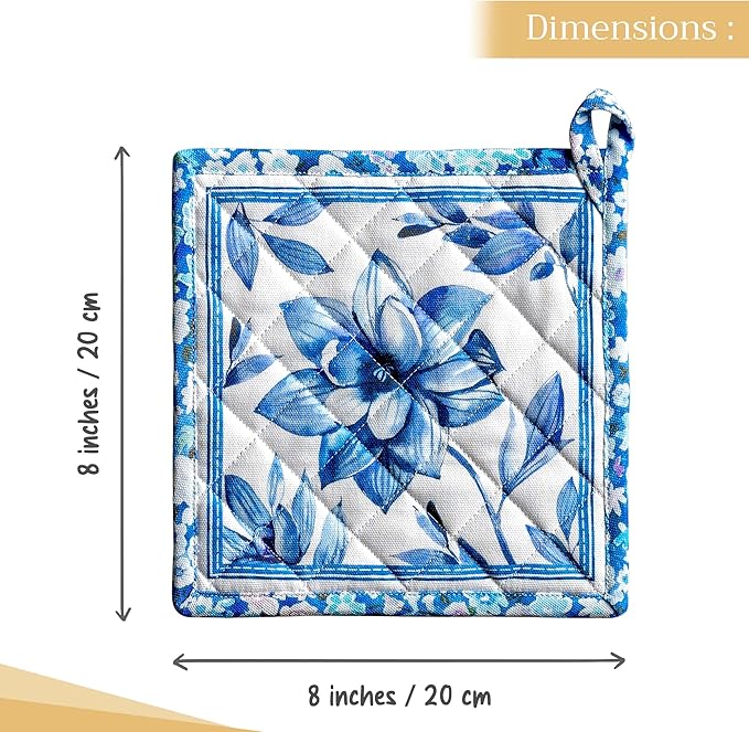 Maison d' Hermine Pot Holders 100% Cotton Heat Resistant Potholders 8" x 8" Hot Pads with Loop BBQ, Cooking, Baking, Grilling, Kitchen, Handling Hot Pans Spring/Summer (Pack of 1, Summer Blues)