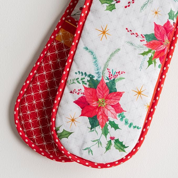 Maison d' Hermine Double Oven Mitt (7" x 35") 100% Cotton Heat Resistant BBQ Cooking Gloves with Loop for Thanksgiving Christmas Decorations Baking Cooking Handling Hot Pan (Poinsettia Christmas)