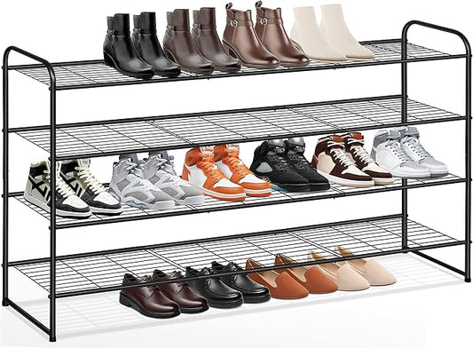 KEETDY 4-Tier Long Shoe Rack for Closet, Wide Shoe Organizer for Closet Floor Storage, Stackable Shoe Rack for Entryway Metal Shoe Shelf for 30 Pairs Men Sneakers with Wire Grid for Bedroom, Black
