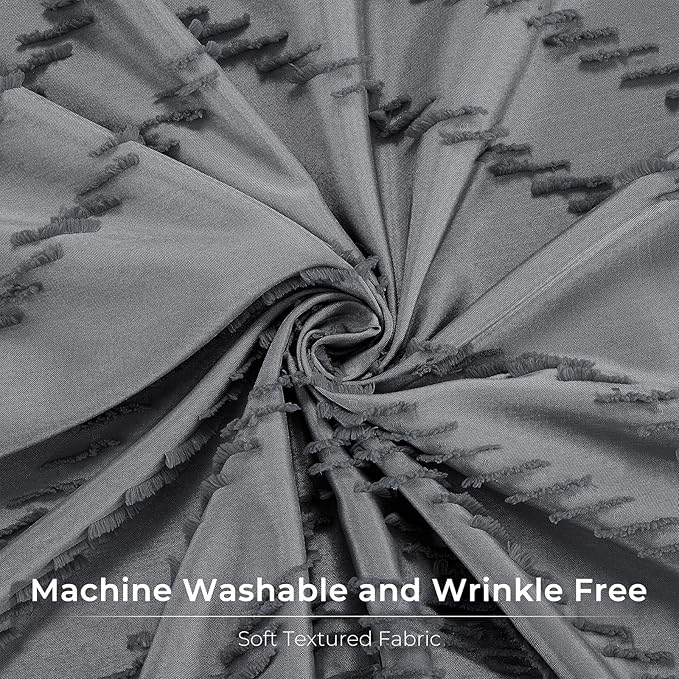 Extra Long Grey Boho Shower Curtain 96 Inch Grey Tufted Chevron Striped Fabric Shower Curtains for Bathroom Modern Shabby Chic Waterproof Cloth Shower Curtain Set with Hooks