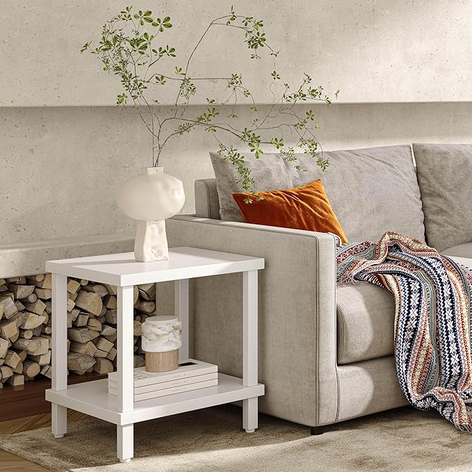 Large End Table Square Side Table Modern Sofa Table 20 Inch Industrial Coffee Table NightStand with 2-Tier Storage Shelf for Living Room Bedroom White MLBZ06W