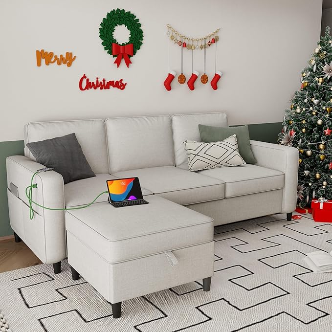 Sectional Sofa Couches for Living Room - 78'' Beige 3 Seat L-Shaped Couch with Type-C Charging Port & Storage Ottoman, Modern Linen Convertible Sectionals Sofas with Chaise for Apartment