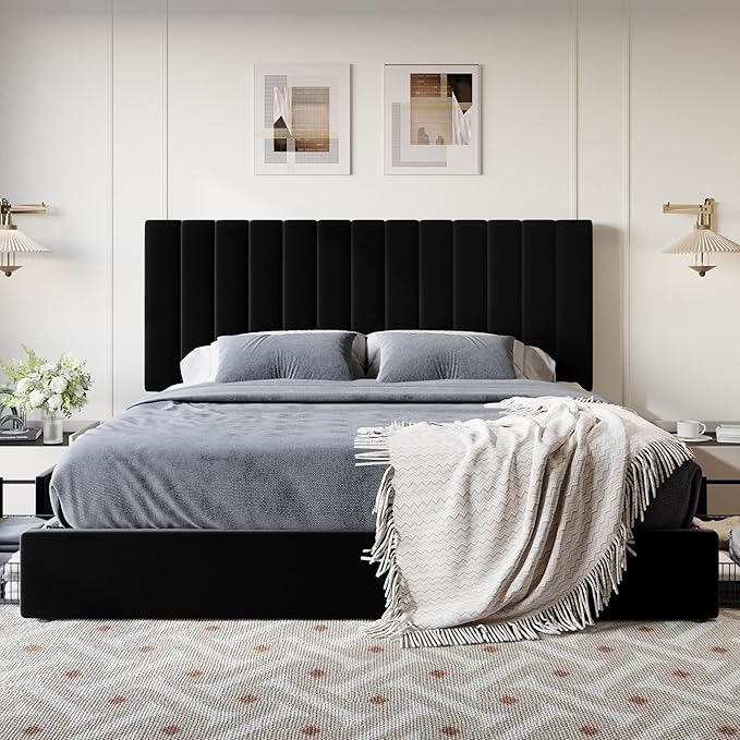 SHA CERLIN King Size Platform Bed Frame with 4 Storage Drawers, Vertical Channel Tufted Adjustable Headboard, Velvet Upholstered, Wooden Slats Support, No Box Spring Needed, Easy Assembly, Black