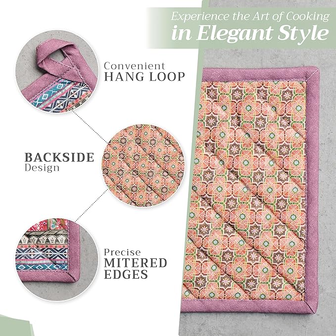 Maison d' Hermine 100% Cotton Oven Mitt & Pot Holder Set (7.5"x13" & 8"x8") Heat Resistant BBQ Cooking Gloves with Loop for Thanksgiving Christmas Decorations Handling Hot Pans (Ispahan)