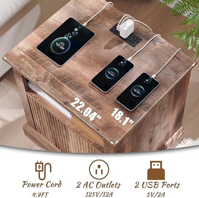 Fluted Nightstand Set of 2, 22" Large Modern Side Table with Charging Station, Wood End Table w/Open Shelf, Bedside Table with Storage Space for Bedroom, Living Room (Light Brown)