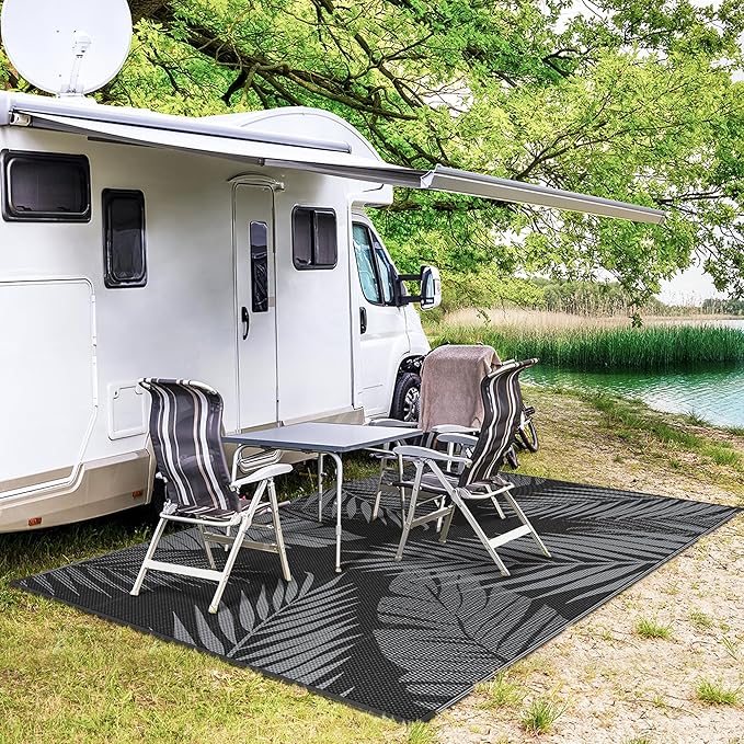 GENIMO Outdoor Rug 8' x 10' Waterproof for Patios Clearance, Reversible Outdoor Plastic Straw Camping Rug Carpet, Large Area Rugs Mats for RV, Camper, Deck, Balcony, Porch, Beach, Picnic, Black&Grey