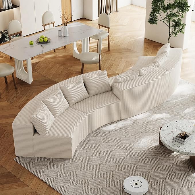 KEIKI Corduroy Curved Sectional Sofa, 4 Seater Symmetrical Modular Semi Circular Couch, Deep Seat Tufted Corner Sofa for Living Room, Lobby, Beige
