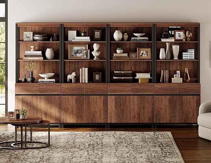 WAMPAT 4 PCS Modern 72" Tall Bookcases with Metal Base and Adjustable Shelves, Library Book Shelf with Storage Cabinet and Open Book Shelfs, Wood Bookshelves for Home Office, Living Room, Brown