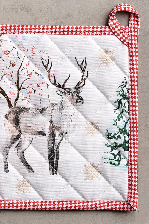 Maison d' Hermine Pot Holders 100% Cotton Heat Resistant Potholders 8" x 8" Hot Pads with Loop for Thanksgiving Christmas Decorations BBQ Cooking Baking Handling Hot Pans (Pack of 1, Rural Christmas)