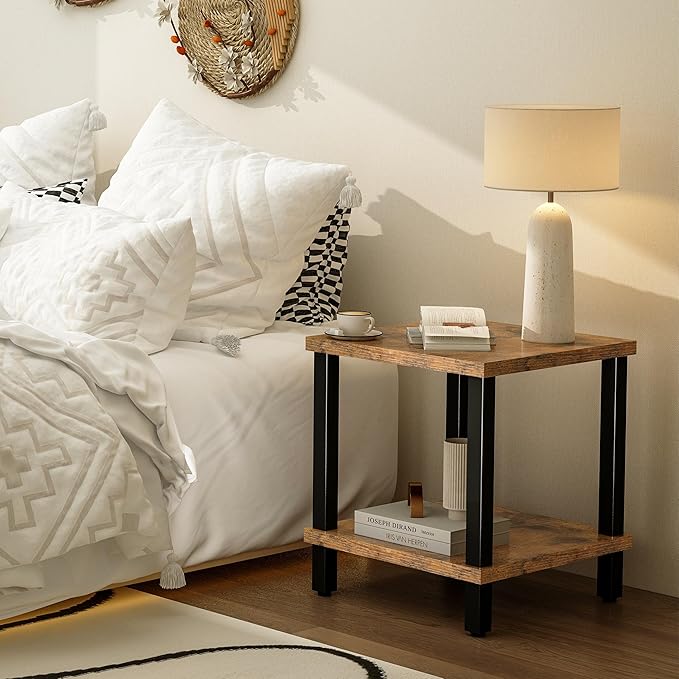 Large End Table Square Side Table Modern Sofa Table 20 Inch Industrial Coffee Table NightStand with 2-Tier Storage Shelf for Living Room Bedroom Rustic Brown MLBZ06R