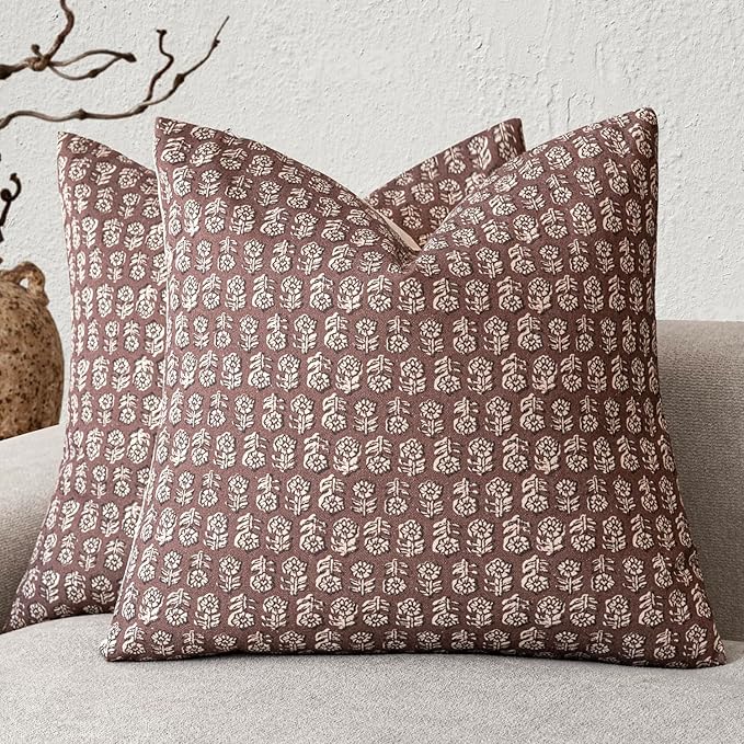 Foindtower Set of 2 Decorative Vintage Floral Print Throw Pillow Covers Neutral Modern Farmhouse Cushion Covers Boho Home Decor for Sofa Chair Couch Bedroom Living Room Outdoor,18×18 Inch,Wine Red