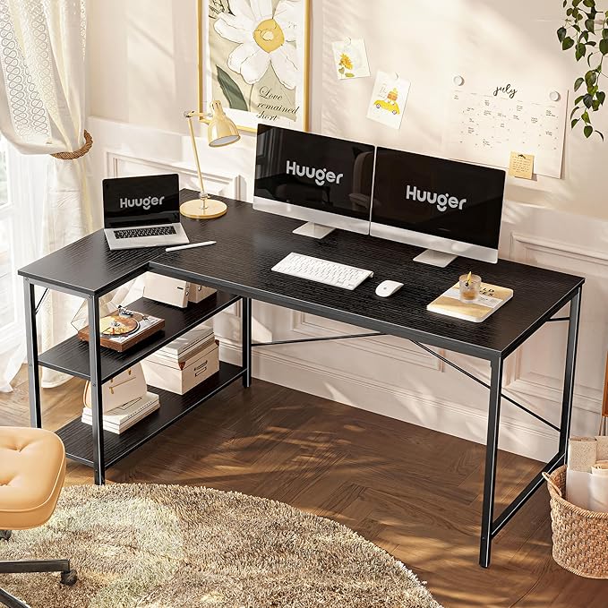Huuger L Shaped Desk, 55 Inches Computer Desk with Reversible Storage Shelves, for Gaming Corner Home Office Writing Study, Metal Frame, Black