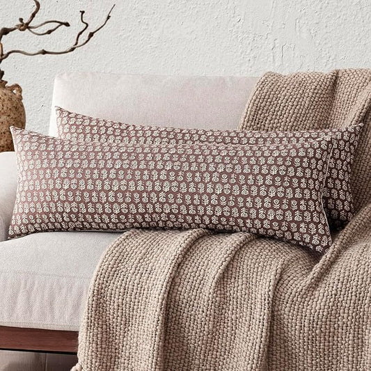 Foindtower Set of 2 Decorative Vintage Long Lumbar Throw Pillow Covers Neutral Modern Farmhouse Cushion Covers Floral Home Decor for Sofa Couch Chair Bedroom Living Room Outdoor,14×36 Inch,Wine Red