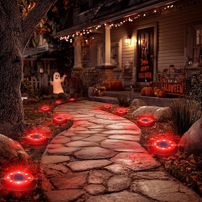 Flacchi Solar Ground Lights - Solar Powered Lights Outdoor Solar Disk Light Waterproof Landscape Light for Patio Yard Pathway Walkway Driveway (Red, 12 Pack)