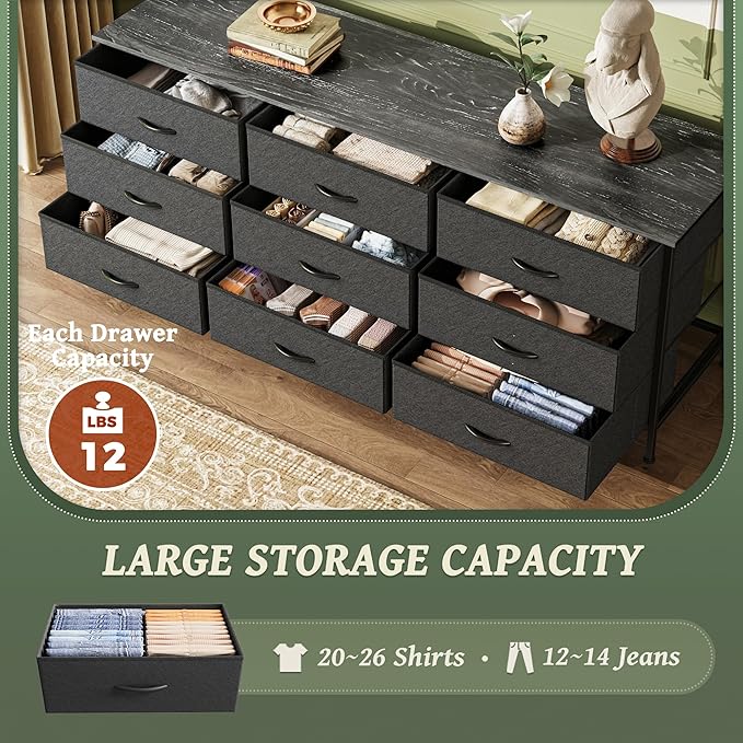 Huuger 9 Drawer Dresser, 55 Inch Dresser TV Stand for 55, 60 Inch TV, Entertainment Center with Drawers, for Bedroom, Closet, Black