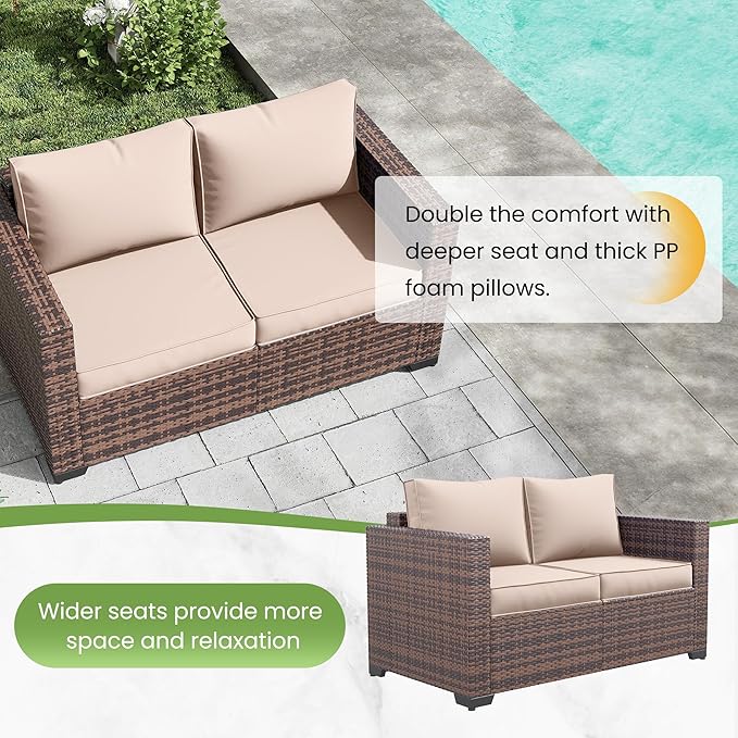 Amopatio Patio Loveseat, Outdoor Furniture 2-Seat Wicker Porch Furniture Outdoor Couch Sofa with Water-Resistant Cover & Non-Slip Cushions, Premium Patio Set, Khaki