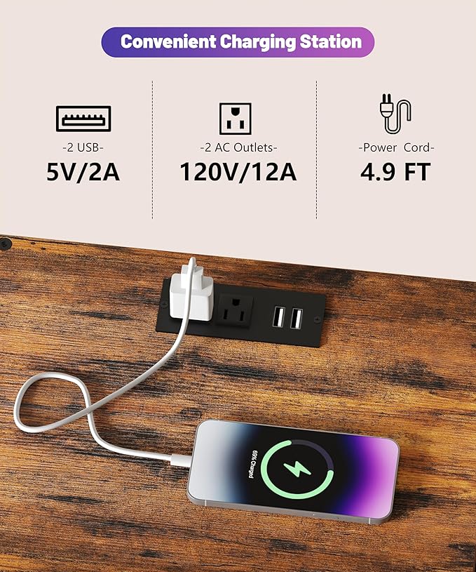 End Table with Charging Station, 11" D x 15" W Night Stand with LED Light, Nightstand with Fabric Drawers, Bedside Table with Open Shelf, Side Table for Bedroom, Living Room, Rustic Brown