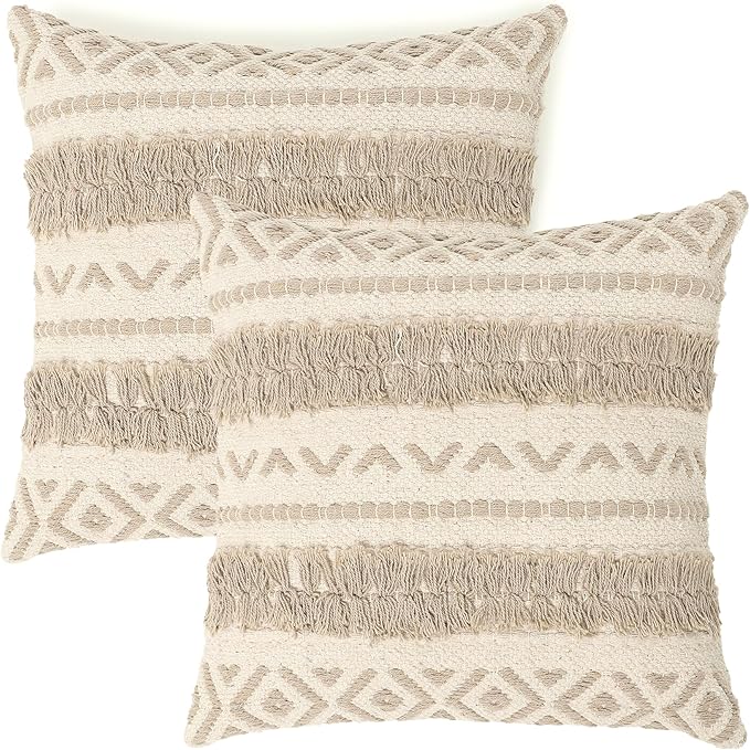 REDEARTH Handmade Boho Throw Pillow Covers - Bohemian Chic Farmhouse Style - Accent Woven Indoor and Outdoor Pillow Cushion Cases for Couch - Bed - Chair - Sofa - Benches – Set of 2-18"x18" - Taupe