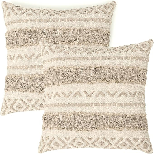 REDEARTH Handmade Boho Throw Pillow Covers - Bohemian Chic Farmhouse Style - Accent Woven Indoor and Outdoor Pillow Cushion Cases for Couch - Bed - Chair - Sofa - Benches – Set of 2-18"x18" - Taupe