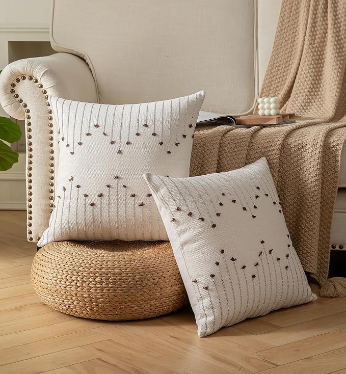 Boho Throw Pillow Covers 18x18 Set of 2 Decorative Pillows for Bed, Neutral Pillow Covers Beige with Coffee Line Throw Pillows for Modern Farmhouse Couch Sofa Living Room Outdoor