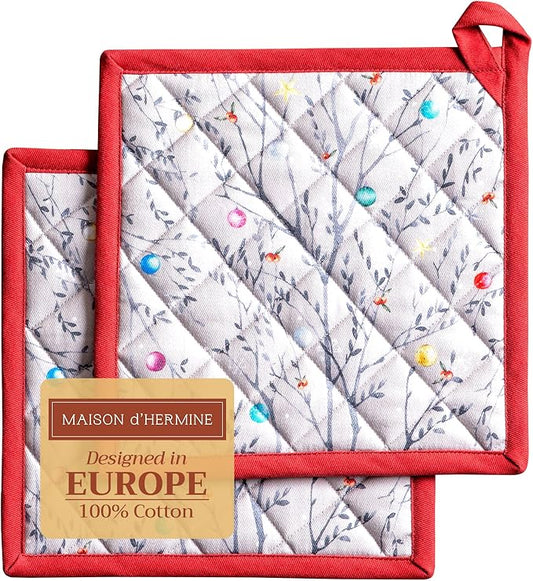 Maison d' Hermine Pot Holders Set 100% Cotton Heat Resistant Potholders 8" x 8" Hot Pads with Loop for Thanksgiving Christmas Decorations BBQ Baking Handling Hot Pans (Pack of 2, Fairy Christmas)