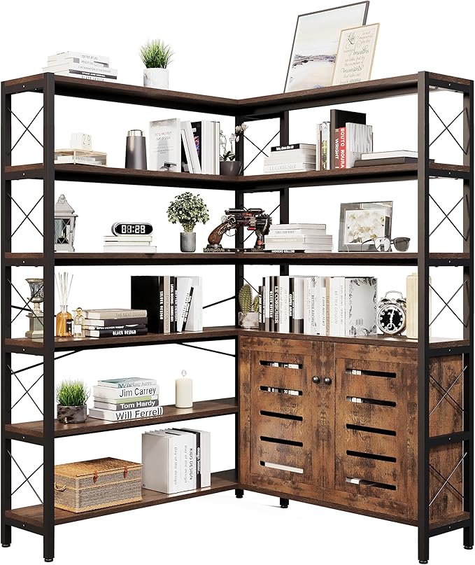 Corner Bookshelves and Bookcases Industrial Corner Etagere Bookcase L Shaped Shelf 6 Tiers with Metal Frame for Living Room Home Office