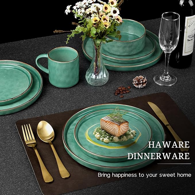 HaWare Dinnerware Sets, 16-Piece Stoneware Plates and Bowls Set, Elegant Ceramic Dish Set for 4, Chip and Scratch Resistant, Microwave and Dishwasher Safe, Reactive Green