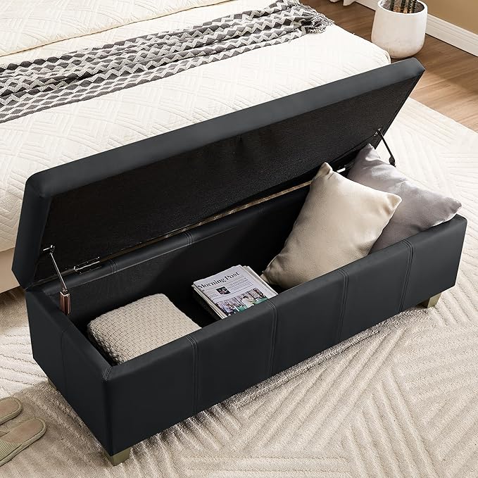 41" Faux Leather Storage Ottoman, Stitch Tufted Rectangle Upholstered End of Bed Storage Bench, Entryway Large Couch Ottoman with Wooden Legs, Dark Black