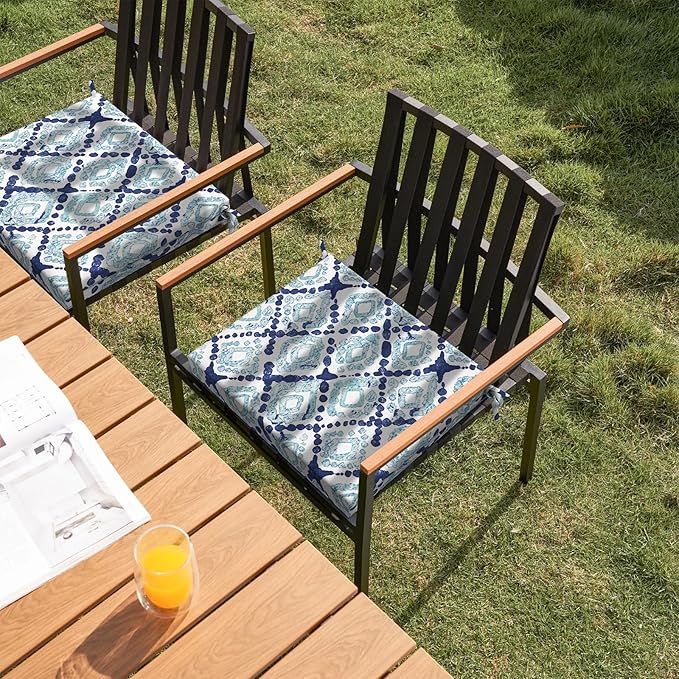Set of 2 Outdoor Square Chair Cushions 18.5"x16"x2" for Patio, Water Resistant Patio Dining Seat Pads Replacement for Kitchen Garden and Outdoor Furniture Decoration - Boho Geometry Blue