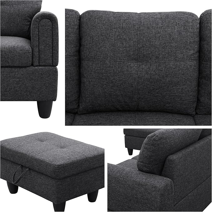 L-Shaped Sectional Sofa with Movable Chaise & Storage Ottoman, Lounge 3-Piece Modular Convertible Couches for Living Room, Apartment & Office, Black Grey