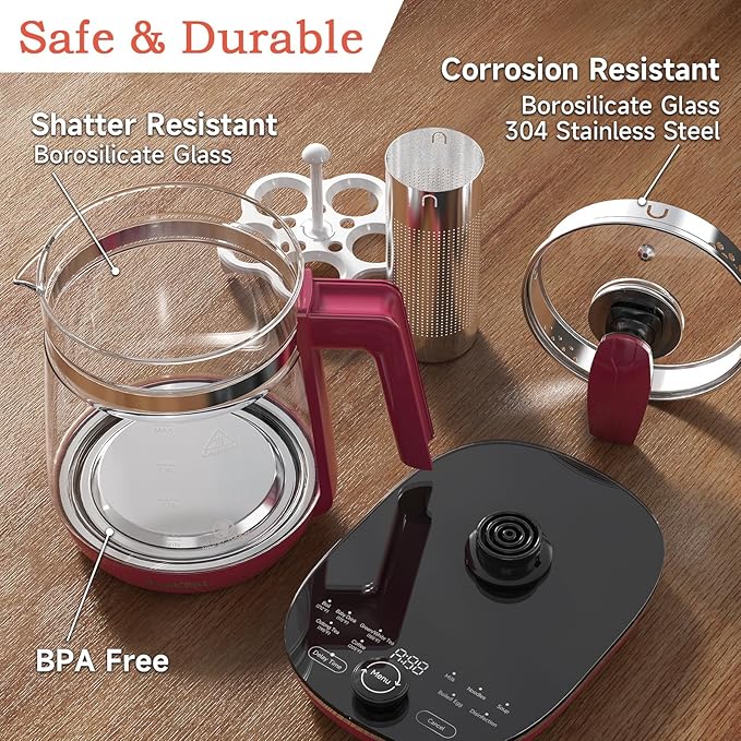 Hot Tea Maker Glass Electric Kettle with Tea Infuser and Temperature Control,1.5L Stainless Steel Tea Maker & 1200W Rapid Boiling,Programmable Control for your Favorite Teas and Coffee,Red