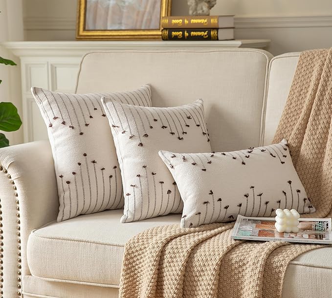 Boho Throw Pillow Covers 12x20 Set of 2 Decorative Pillows for Bed, Neutral Pillow Covers Beige with Coffee Line Throw Pillows for Modern Farmhouse Couch Sofa Living Room Outdoor