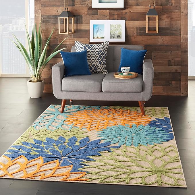 Nourison Aloha Indoor/Outdoor Multicolor 6' x 9' Area Rug, Easy Cleaning, Non Shedding, Bed Room, Living Room, Dining Room, Deck, Backyard, Patio (6x9)