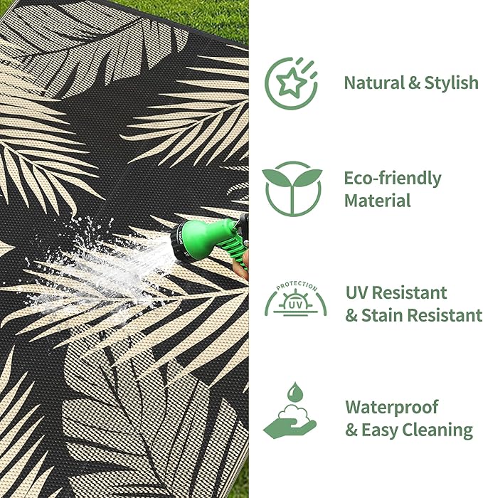 GENIMO Outdoor Rug 3' x 5' Waterproof for Patios Clearance, Reversible Outdoor Plastic Straw Camping Rug Carpet, Large Area Rugs Mats for RV, Camper, Deck, Balcony, Porch, Beach, Picnic, Black&Beige