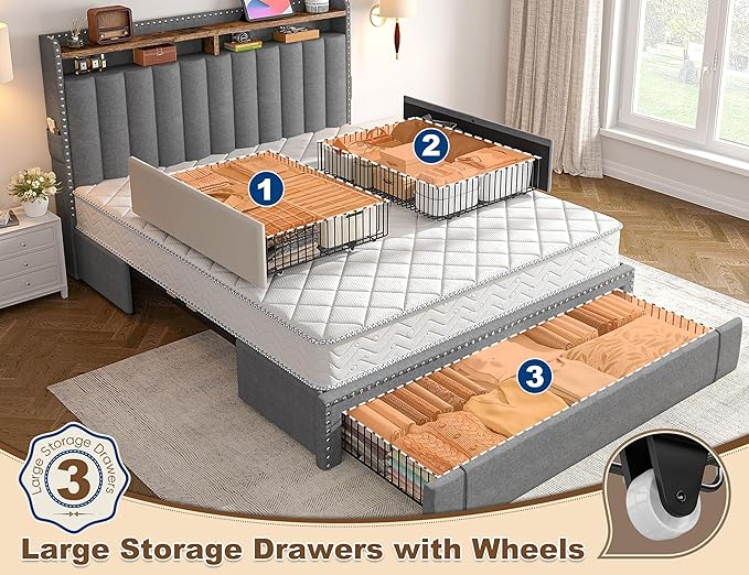 EnHomee Full Size Bed Frame, Upholstered Full Bed Frame with 3 Storage Drawers & 2-Tier Headboard Shelves, 900LBS Heavy Duty, No Box Spring Needed, Easy Assembly, Grey