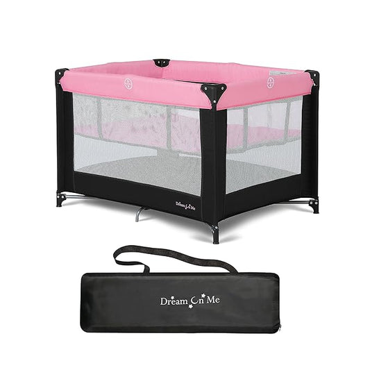 Dream On Me Zazzy Portable Playard with Bassinet in Pink, Packable and Easy Setup Baby Playard, Lightweight and Portable Playard for Baby with Mattress and Travel Bag