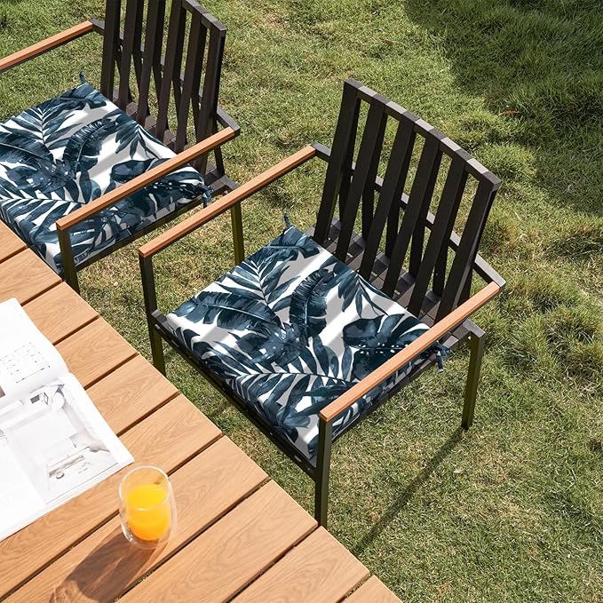 Set of 4 Outdoor Square Chair Cushions 18.5"x16"x2" for Patio, Water Resistant Patio Dining Seat Pads Replacement for Kitchen Garden and Outdoor Furniture Decoration - Palm Blue