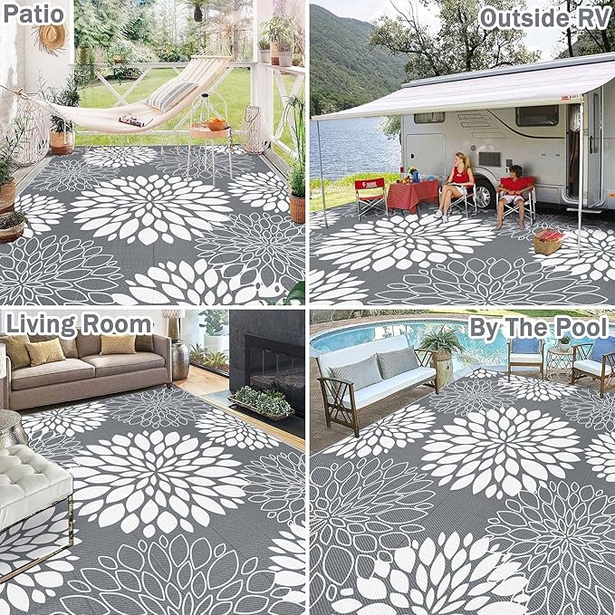 Ileading Reversible Outdoor Rug 9x12Ft Waterproof Patio Rug Carpet Portable Outdoor Plastic Straw Rug Large RV Camping Mat Rug for Patio, Clearance, Deck, Beach, Porch, Camping, Picnic, Grey