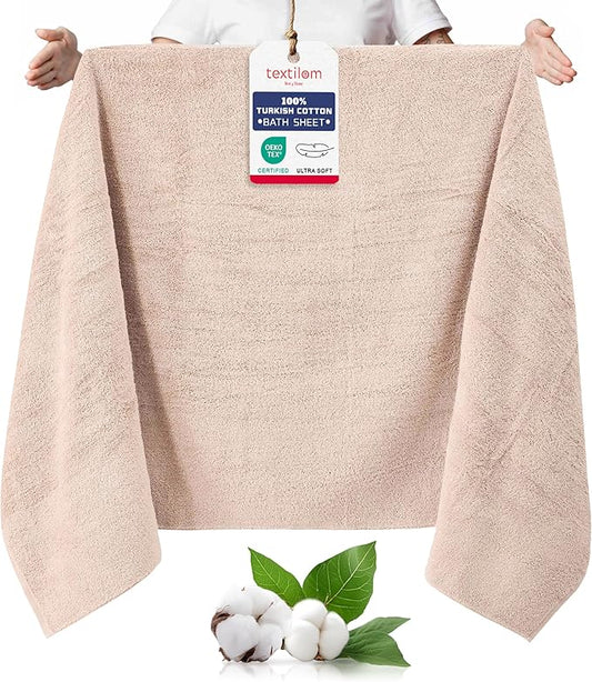 TEXTILOM 100% Turkish Cotton Oversized Luxury Bath Sheets, Jumbo & Extra Large Bath Towels Sheet for Bathroom and Shower with Maximum Softness & Absorbent (40 x 80 inches)- Beige
