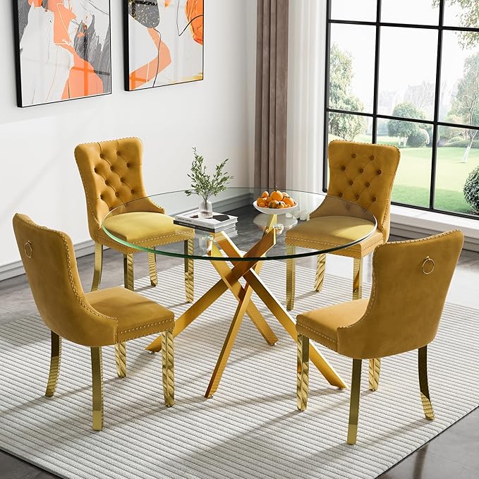 Goujxcy 5 Piece Round Glass Dining Table Set for 4, 47" Round Dining Table & Chair Set Modern Circle Glass Kitchen Table and 4 Velvet Upholstered Chairs for Kitchen Dining (Gold Table & Gold Chair)
