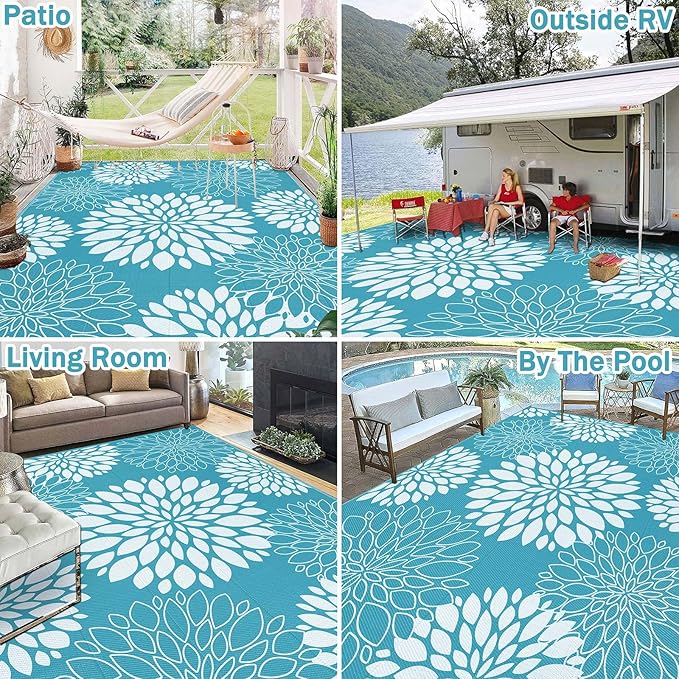 Ileading Reversible Outdoor Rug 9x12Ft Waterproof Patio Rug Carpet Portable Outdoor Plastic Straw Rug Large RV Camping Mat Rug for Patio, Clearance, Deck, Beach, Porch, Camping, Picnic, Teal