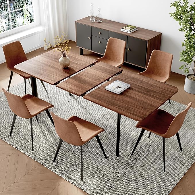 63"- 78.7" Extendable Dining Table Set for 6, Modern Kitchen Table with 6 Dining Chairs, Thickened Expandable Wooden Table with Metal Legs for Dining Room, Kitchen