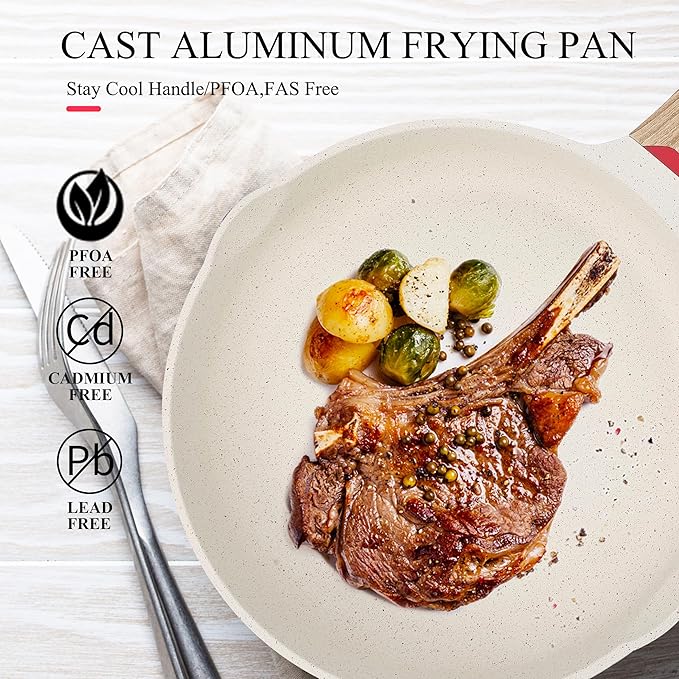 Vinchef 8 Inch White Nonstick Skillet, French Cream Shallow Fry Pan, Induction Compatible, Scratch-Resistant Ceramic Coating