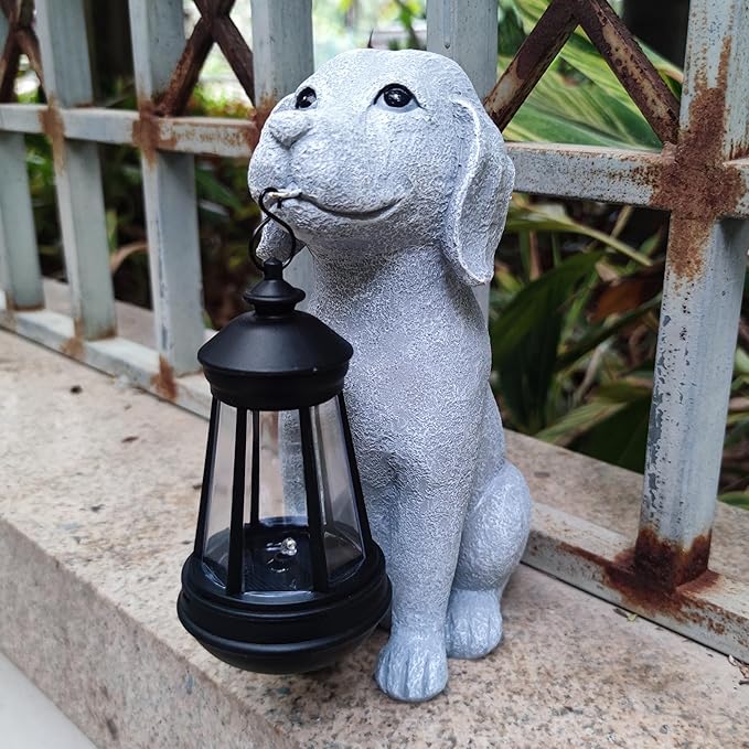 Dog Solar Garden Statues,Resin Dog Figurine Decorations with Solar Lights Lantern, Outdoor Decor Art for Lawn,Yard,Unique Housewarming Gift for Garden Home