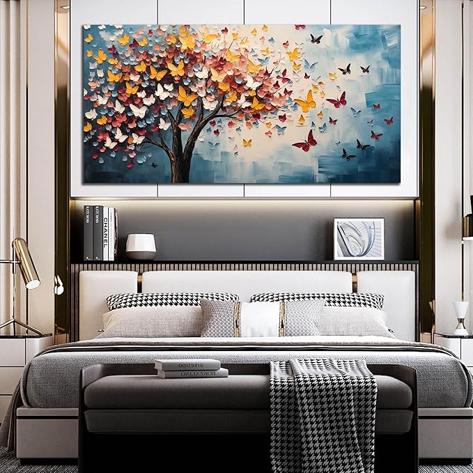 Butterfly Tree Canvas Wall Art for Living Room Bedroom Home Office Blue Colorful Tree of Life Wall Art Modern Large Framed Canvas Prints Size 29x59
