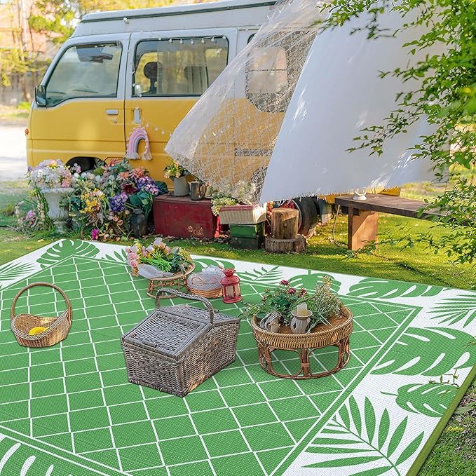 Ileading Outdoor Rug Carpet for Patio 9'x12' Waterproof Reversible Plastic Straw Rug Portable Outside Area Rug Camping Mat for Patio, Clearance, Balcony, Picnic, Pool, Beach, RV, Deck, Green