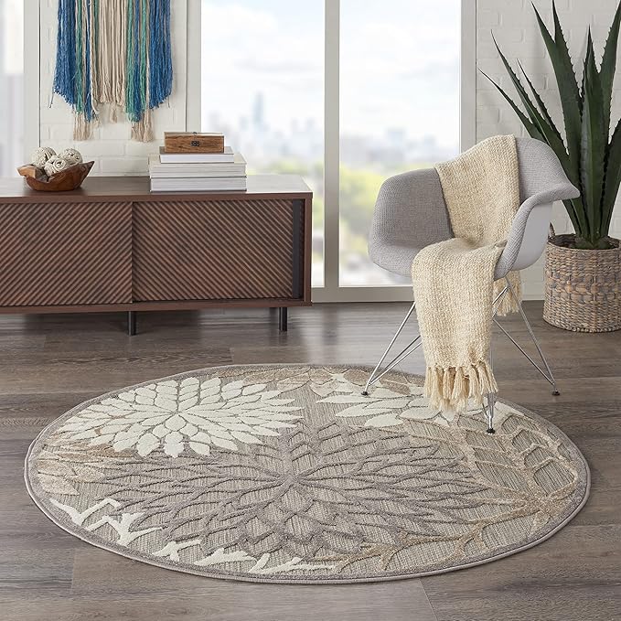 Nourison Aloha Indoor/Outdoor Area Rug 4', Natural, Round Tropical Botanical Easy -Cleaning Non Shedding Bed Room Living Room Dining Room Deck Backyard Patio