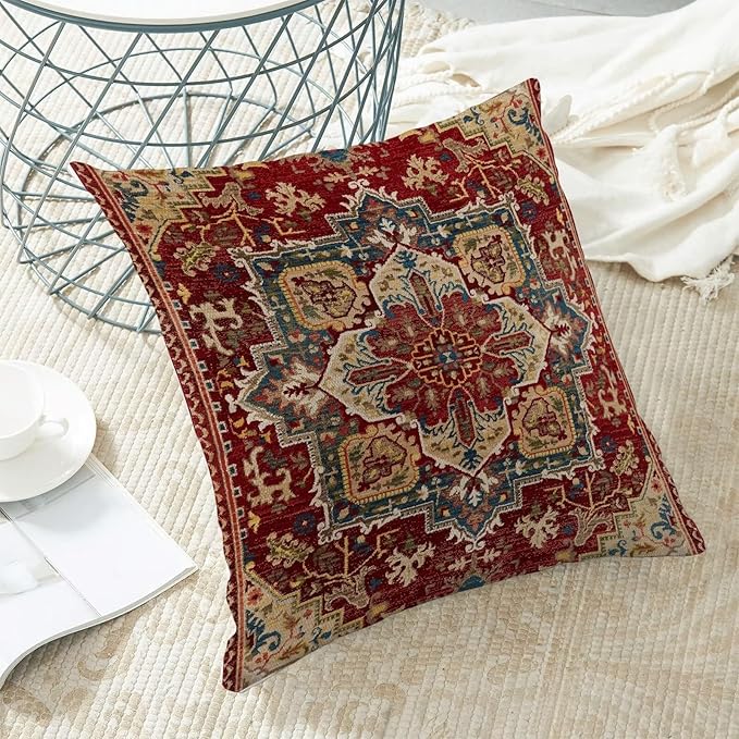 BETGINY Boho Pillow Covers 20 x 20 Inch Pack of 2, Burgundy Red Bohemian Rug Carpet Pattern Decorative Throw Pillow Cases Outdoor Linen Farmhouse Cushion Cover for Bedroom Home Sofa Decor