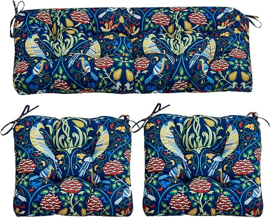 ADLIVWYD 3-Pieces Wicker Chair Cushion Set, 1 loveseat and 2 U-Shape, 44"x19" &19"x19" Tufted Outdoor Cushions for Indoor/Outdoor Patio Furniture (Blue Bird Floral)